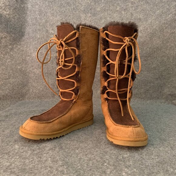 UGG Australia 5278 Tall Sheepskin Girls Youth Brown Tan Suede Lace Up Boots - Picture 3 of 10